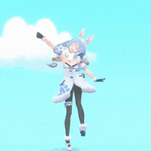 a girl with bunny ears and carrots in her hair is standing in the air with her arms outstretched