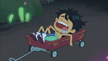 a cartoon character is laying in a wagon with a tear running down his face
