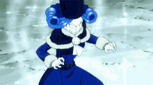 a cartoon character with blue hair and a top hat is on tv