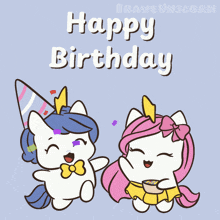 a birthday card with two unicorns and the words happy birthday on it
