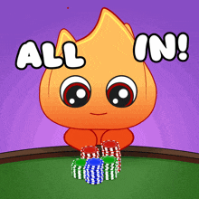 a cartoon character is holding stacks of poker chips and the words all in are above him