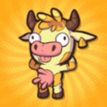 a cartoon cow with a pink nose is standing on a yellow background