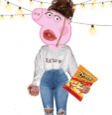 a girl with a pig 's head is holding a bag of cheetos .