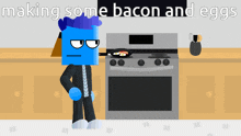 a cartoon character is cooking bacon and eggs