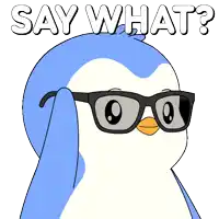 a blue and white penguin wearing sunglasses with the words say what below it