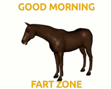 a brown horse on a white background with the words good morning fart zone above it