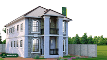 a model of a house with a green label that says model d 176