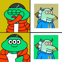 a cartoon of a frog eating a slice of pizza and wearing a hoodie that says frogs