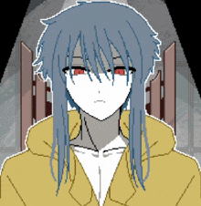 a pixel art drawing of a girl with long blue hair