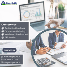 an advertisement for adaptsuite shows a man pointing at a laptop screen