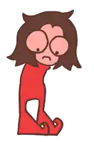 a cartoon drawing of a girl with big eyes and a red shirt