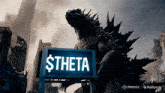 a monster is standing in front of a sign that says $ theta