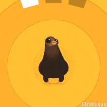 a cartoon chicken is standing in a yellow circle with the name mr wiskas on the bottom right