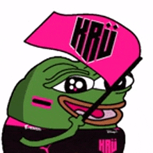 a cartoon frog is holding a pink flag and wearing a black shirt .