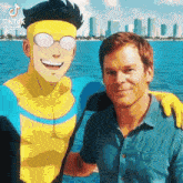 a man and a cartoon character are posing for a picture .