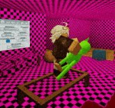 a girl is holding a green stuffed animal in a room with pink and black checkered floors