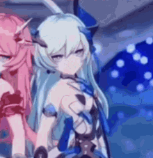 a girl with long white hair and horns is standing next to a girl with pink hair .