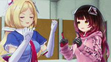 two anime girls standing next to each other with one wearing a pink hoodie