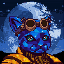 a pixel art drawing of a blue cat wearing sunglasses
