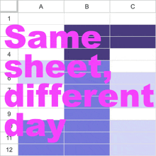 a spreadsheet with the words same sheet different day in pink