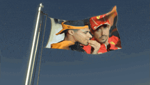 a flag with a picture of two men with one wearing a hat with the letter f on it