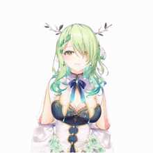 a girl with green hair and antlers is wearing a white top