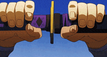 a person is holding a sword in their hands with a blue background