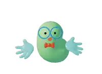 a green cartoon character with blue gloves and a bow tie