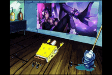 a cartoon of spongebob cleaning a room with a picture on the wall behind him