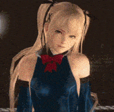 a blonde anime girl with pigtails and a red bow in her hair is wearing a blue dress .