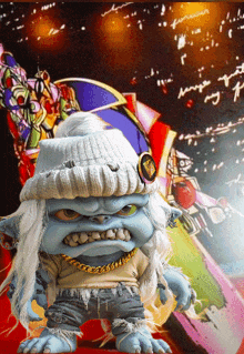 a cartoon character with a beanie and chains around his neck is standing in front of a colorful background