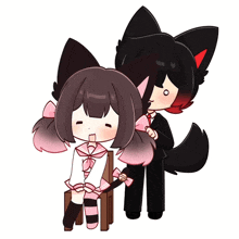 a cartoon of a girl sitting on a chair next to a black cat