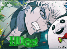 a picture of a man with the word hugs in green letters