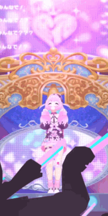 a girl with pink hair is standing in front of a large heart