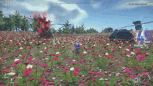 a screenshot of a video game shows a field of flowers