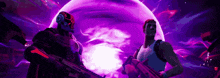two soldiers are standing next to each other in front of a purple background .