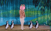 a cartoon of a man dancing with penguins in front of a willow tree