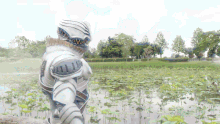 a man in a costume stands in front of a pond