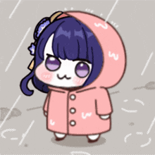 a cartoon girl wearing a pink raincoat with the number 3 on the hood