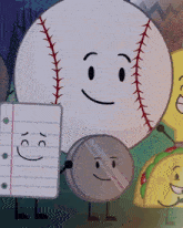 a group of cartoon characters including a baseball holding a piece of paper with a smiley face drawn on it