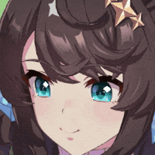 a close up of a girl 's face with blue eyes and brown hair