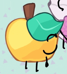 a cartoon drawing of an apple with a green leaf on its head