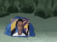 a cartoon drawing of a man with his tongue out and a blue background