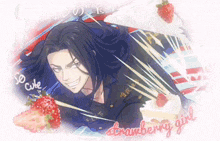 a man with long hair is surrounded by strawberries and whipped cream in a cartoon .