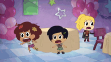 three cartoon characters are standing in a room with balloons