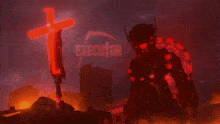 a poster for a video game called executor with a red cross in the background