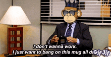 a man in a suit and tie with a monkey on his head says i don t wanna work