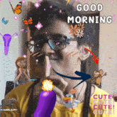 a cartoon drawing of a man with a purple eggplant and the words good morning