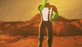 a man in a green and white superhero costume with a h on his chest