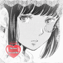 a black and white drawing of a girl with a heart that says his loves orca and rose